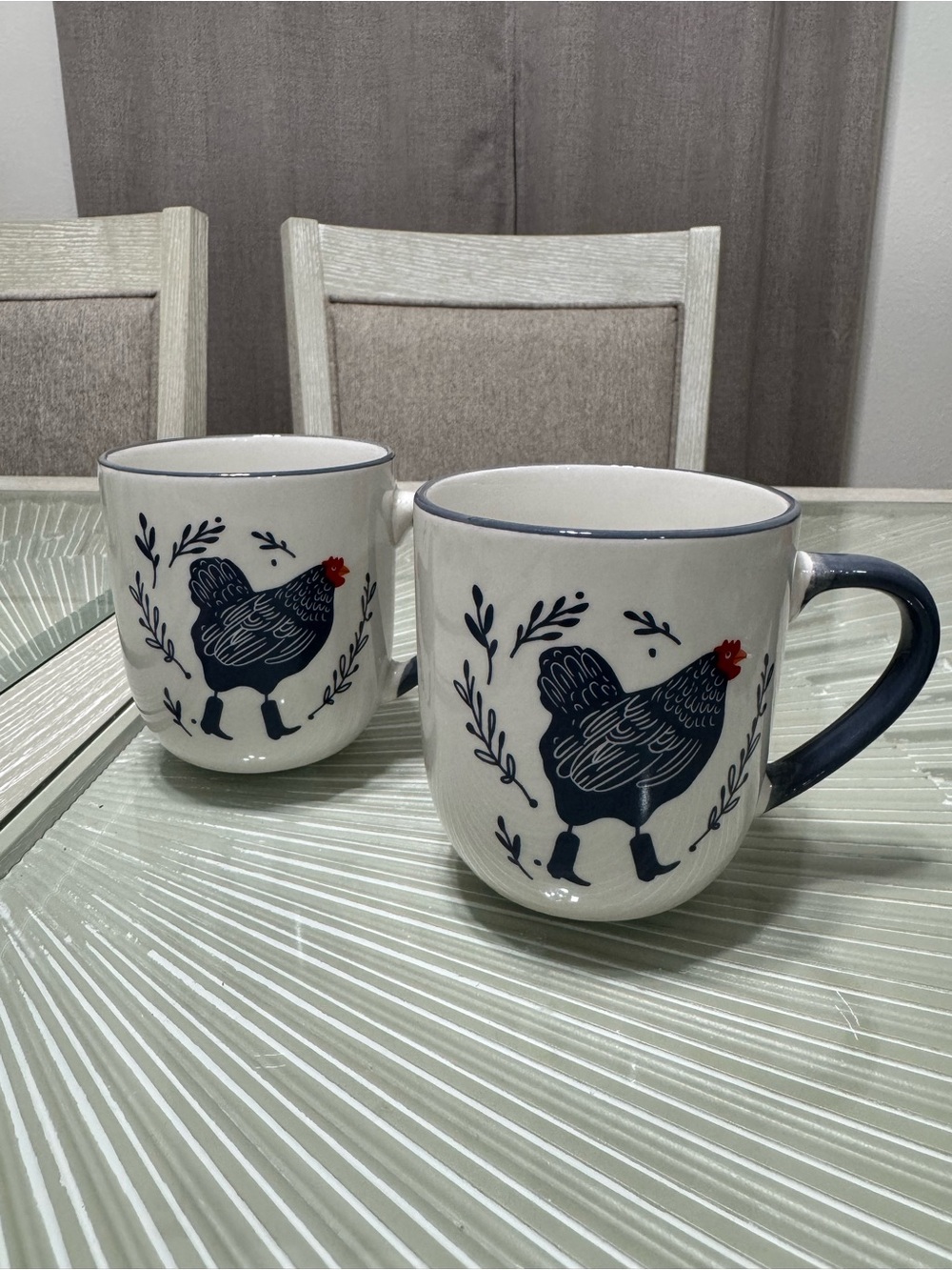 White Ceramic Chicken Print Mug with Navy Handle (Set of 2)